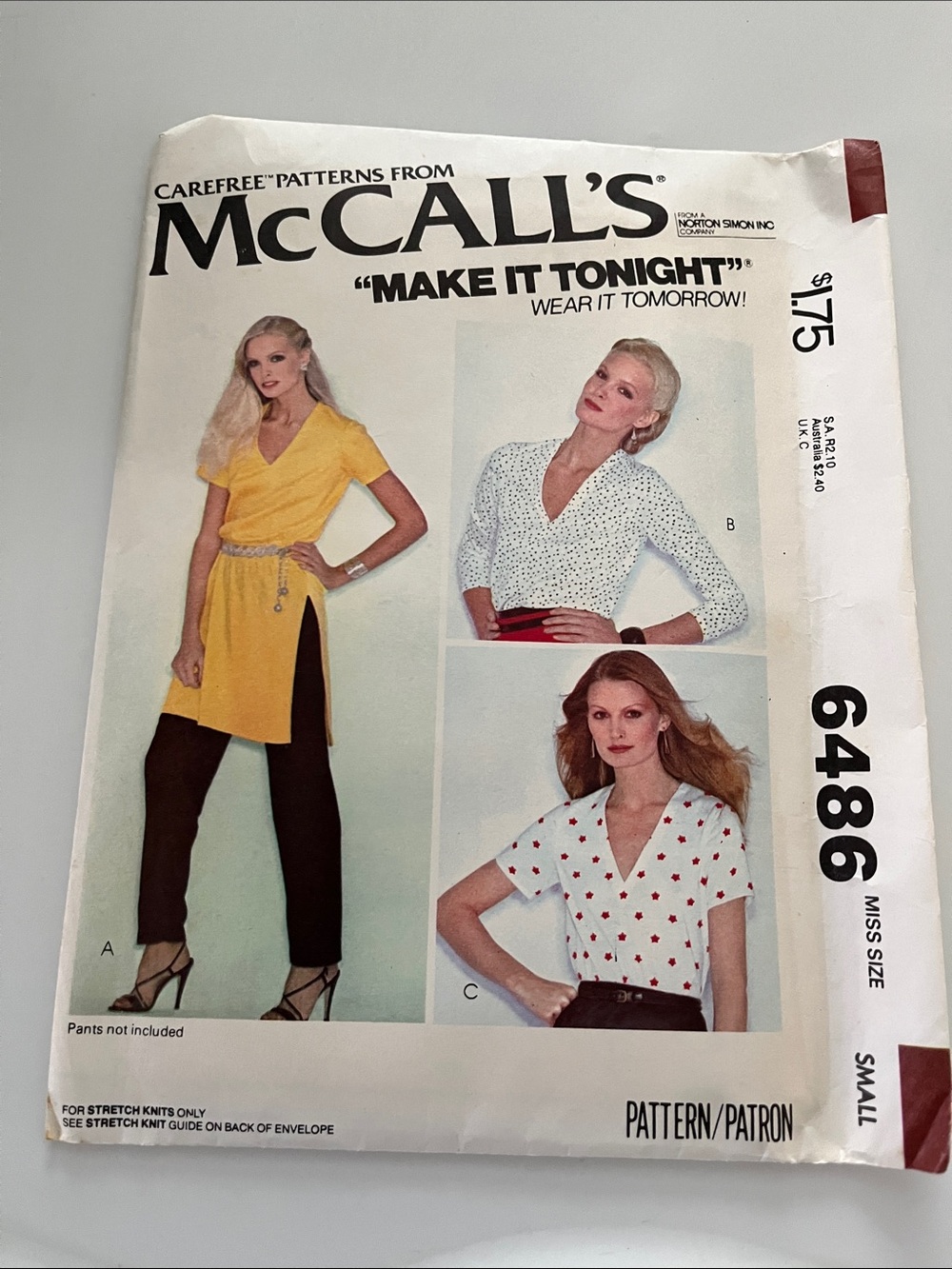 McCall's Women's Vintage
Uncut Never Used Sewing Pattern for Tops
